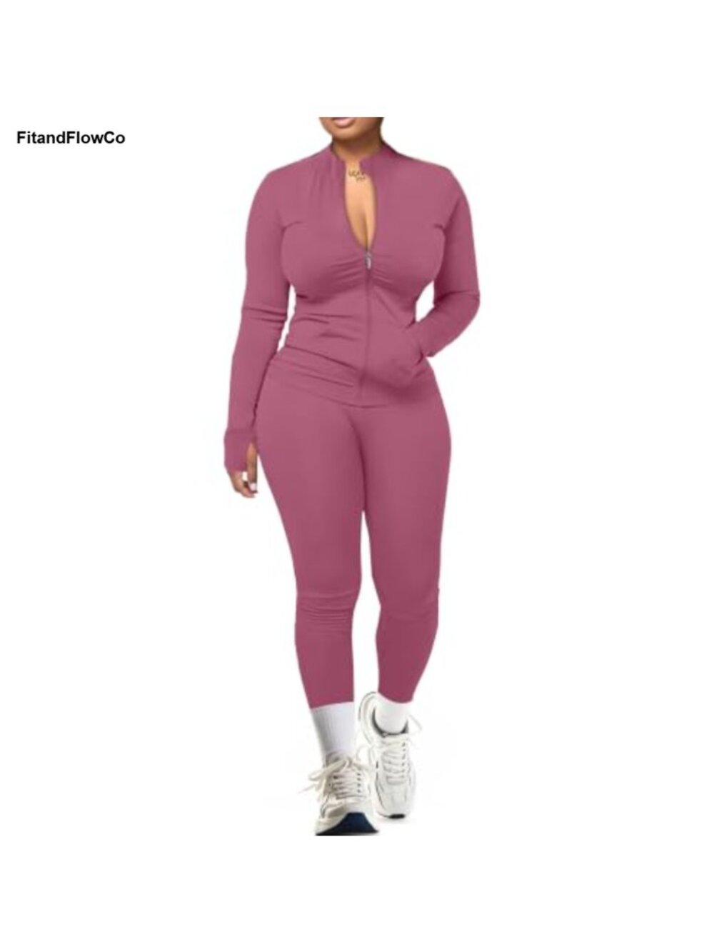 Women's 2-Piece Workout Set Slim Fit Long Sleeve Zip Top Leggings Gym Activewear